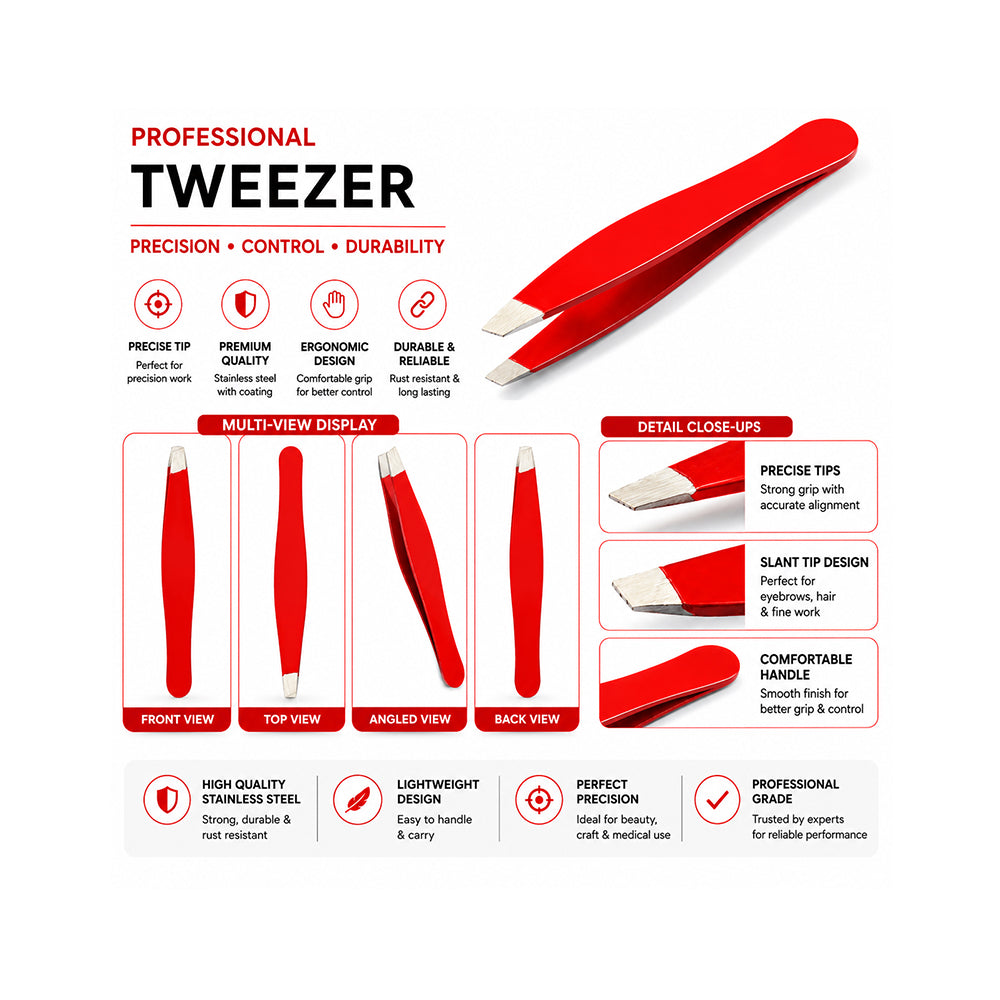 Red Hair Removal Tweezers Slanted Tip