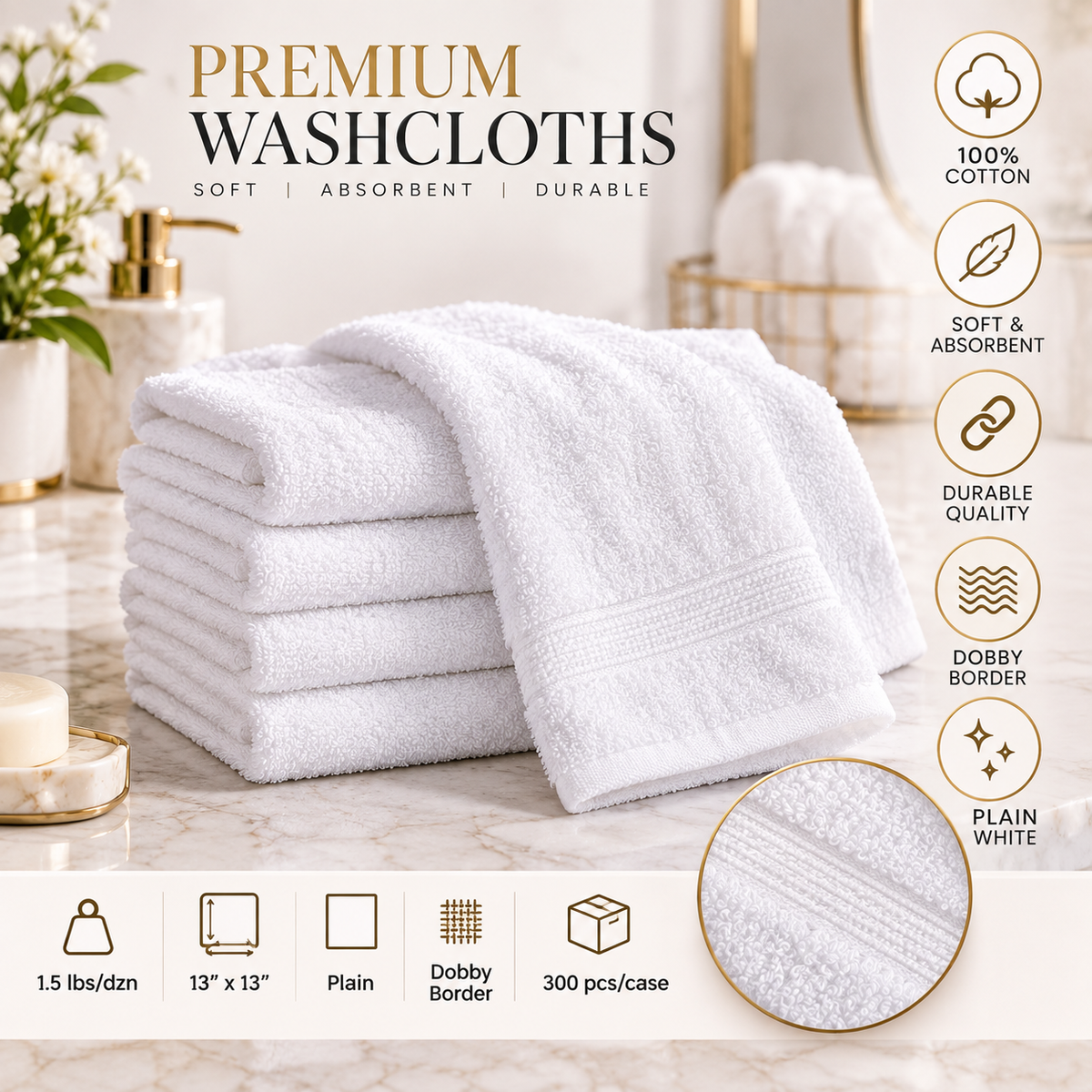 100% Cotton, 1.5 lbs/dzn, 13"x 13", Plain, White, Dobby Border, 300 pcs/case