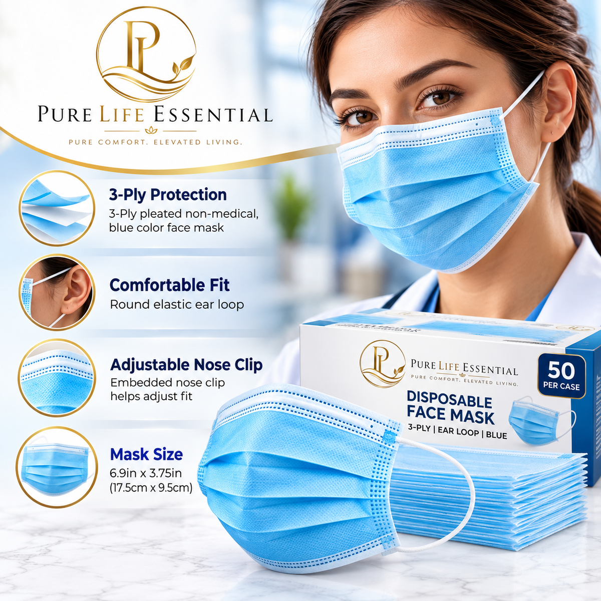 Blue 3-Ply Disposable Face Mask | Ear Loop | 50/box  | 20 boxes in case