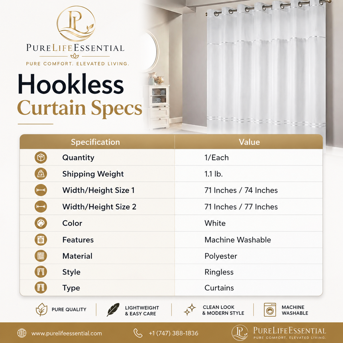 Hookless Shower Curtain – White Polyester Ringless Curtain, 71" x 74" or 71" x 77"
