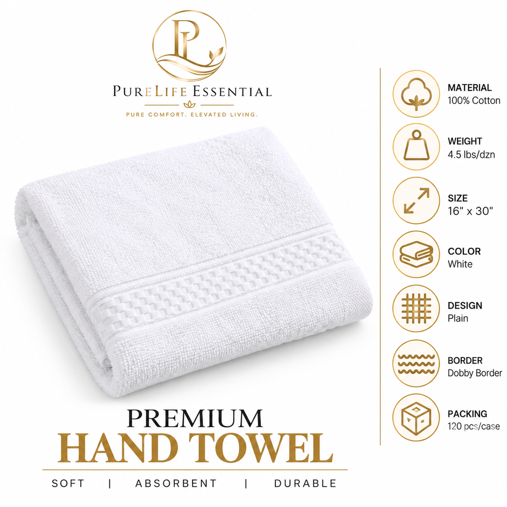 100% Cotton, 4.5lbs/dzn, 16" x 30", Plain, White, Dobby Border, 120 pcs/case