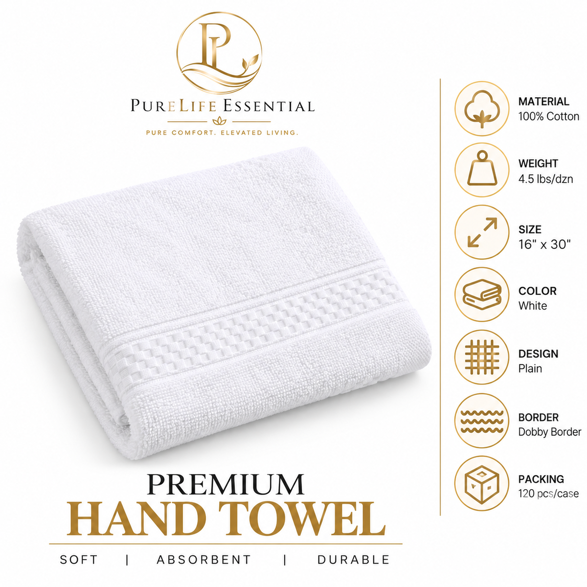 100% Cotton, 4.5lbs/dzn, 16" x 30", Plain, White, Dobby Border, 120 pcs/case