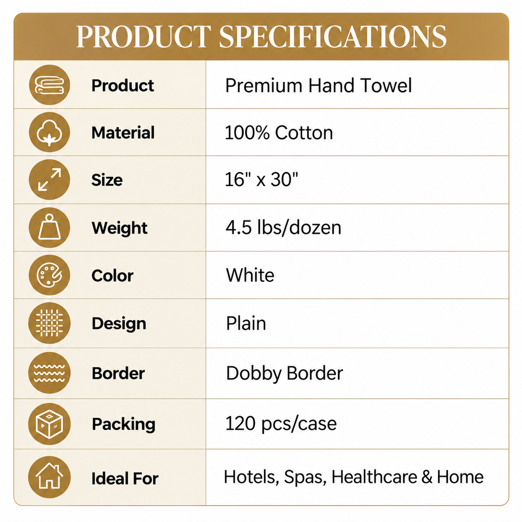 100% Cotton, 4.5lbs/dzn, 16" x 30", Plain, White, Dobby Border, 120 pcs/case