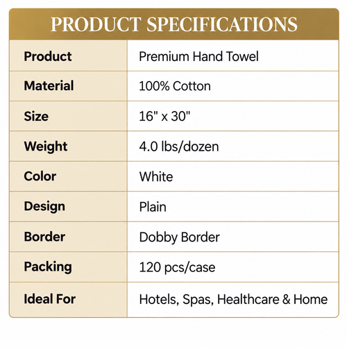 100% Cotton, 4.0lbs/dzn, 16" x 30", Plain, White, Dobby Border, 120 pcs/case