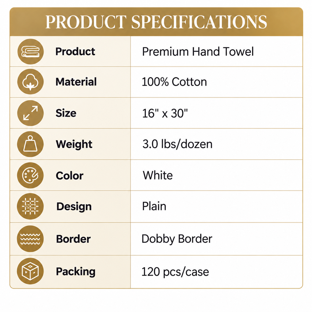 100% Cotton, 3.0lbs/dzn, 16" x 30", Plain, White, Dobby Border, 120 pcs/case