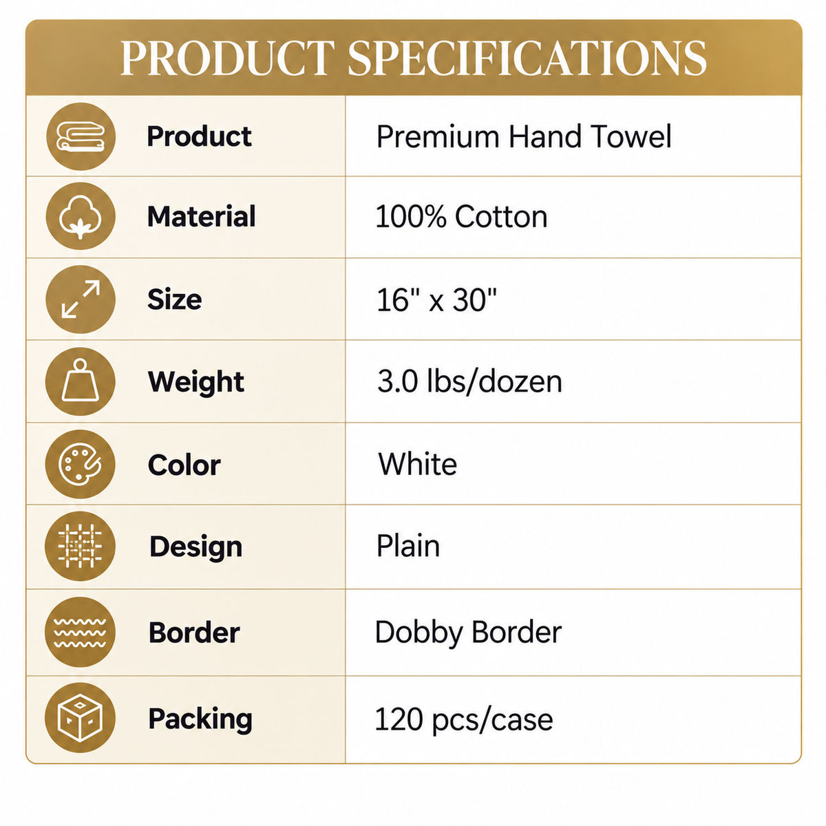 100% Cotton, 3.0lbs/dzn, 16" x 30", Plain, White, Dobby Border, 120 pcs/case