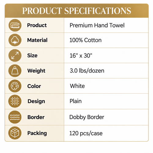 100% Cotton, 3.0lbs/dzn, 16" x 30", Plain, White, Dobby Border, 120 pcs/case