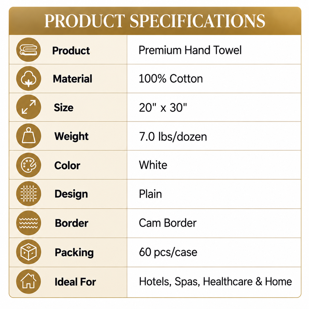 100% Cotton, 7.0 lbs/dzn, 20"x 30", Plain, White, Cam Border, 60 pcs/case