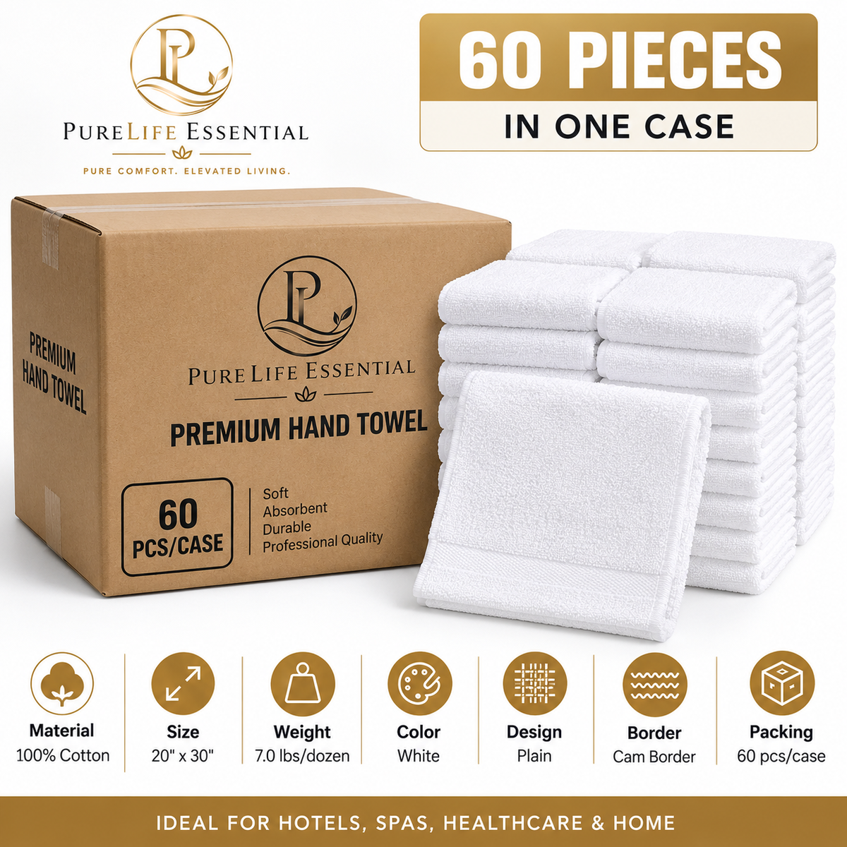 100% Cotton, 7.0 lbs/dzn, 20"x 30", Plain, White, Cam Border, 60 pcs/case