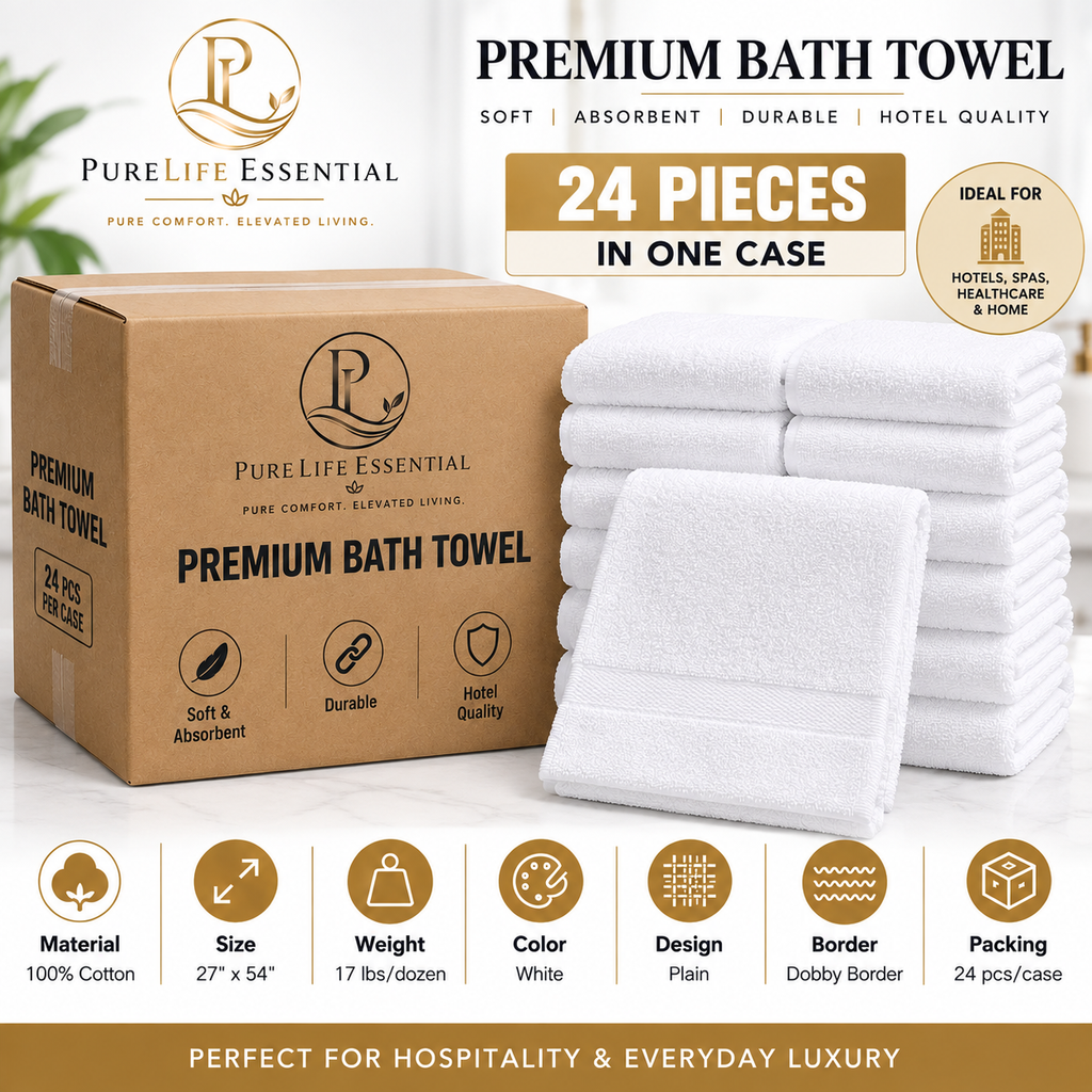 100% Cotton, 17 lbs/dzn, 27"x 54", Plain, White, Dobby Border, 24 pcs/case
