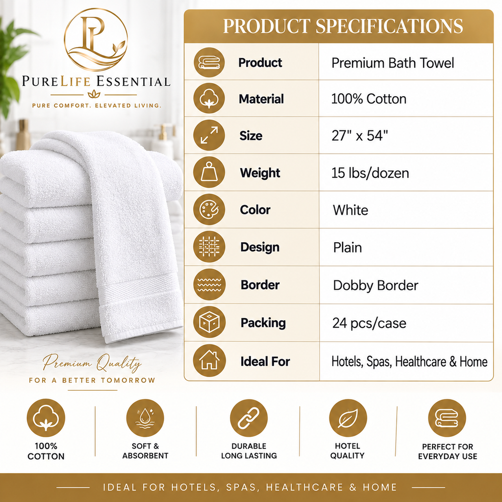 100% Cotton, 15 lbs/dzn, 27"x 54", Plain, White, Dobby Border, 24 pcs/case