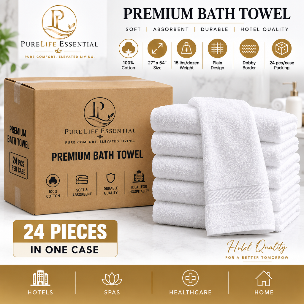 100% Cotton, 15 lbs/dzn, 27"x 54", Plain, White, Dobby Border, 24 pcs/case
