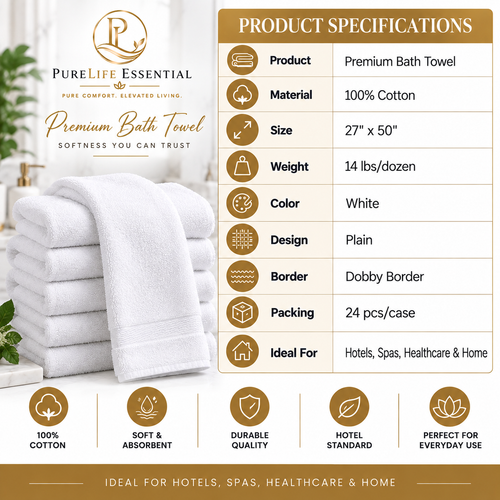 100% Cotton, 14 lbs/dzn, 27"x 50", Plain, White, Dobby Border, 24 pcs/case
