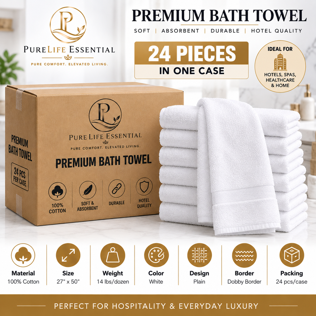 100% Cotton, 14 lbs/dzn, 27"x 50", Plain, White, Dobby Border, 24 pcs/case