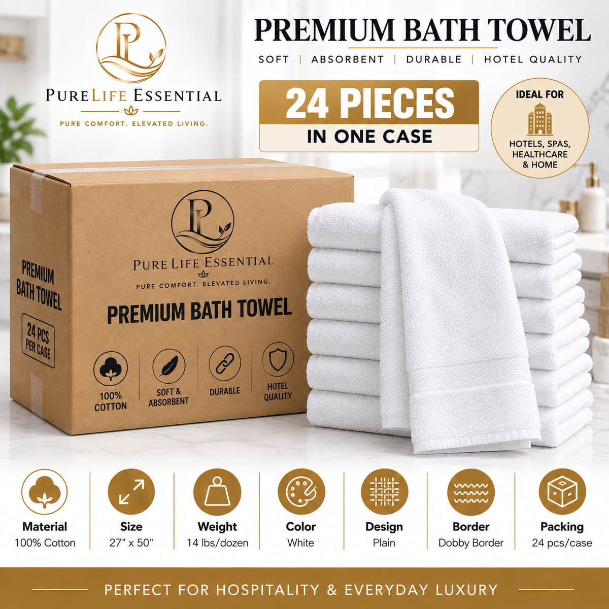 100% Cotton, 14 lbs/dzn, 27"x 50", Plain, White, Dobby Border, 24 pcs/case