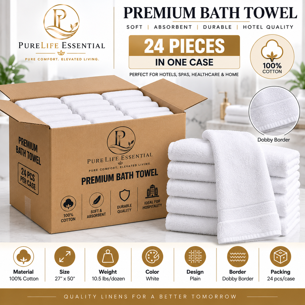 100% Cotton, 10.5 lbs/dzn, 27"x 50", Plain, White, Dobby Border, 24 pcs/case