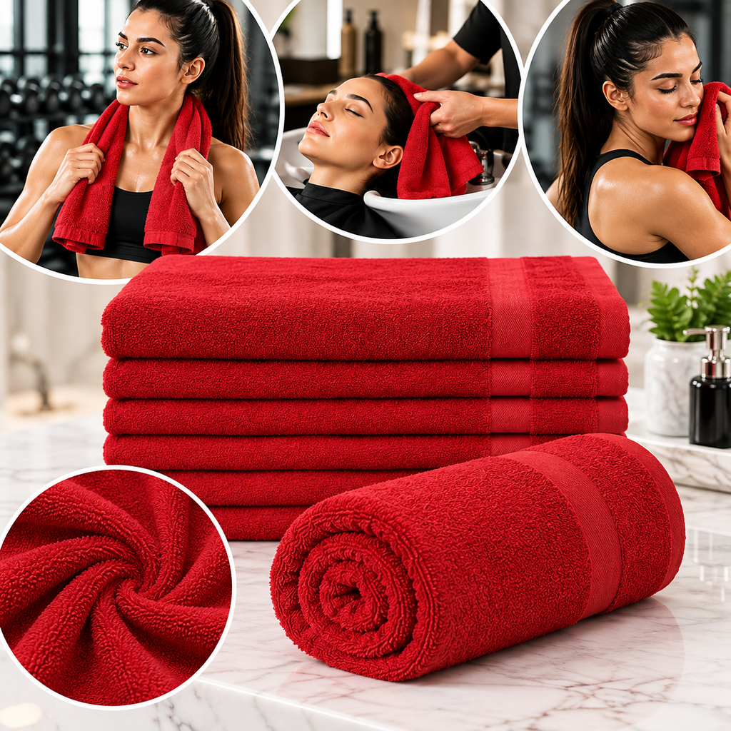 Premium Hotel Quality Hand, Gym & Salon Towels – Red 16" × 27" | 3.0 lb/dozen