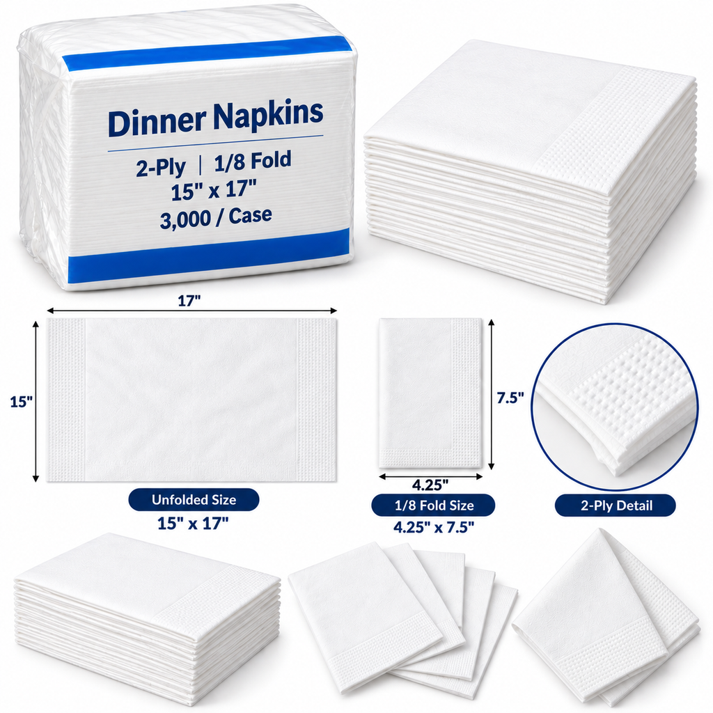 White Dinner Napkins 2-Ply, 15" x 17" – 1/8 Fold, 3000/Case