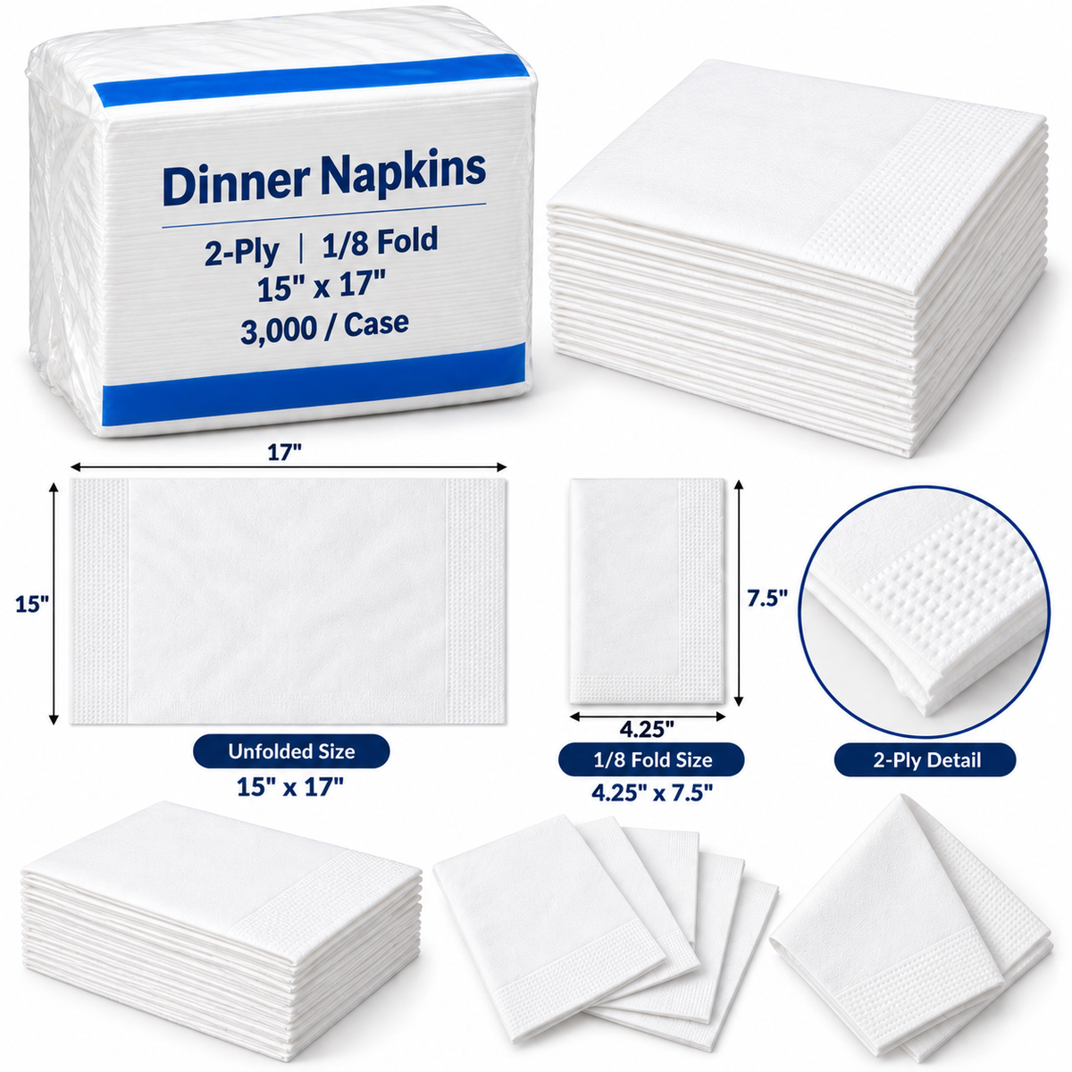 White Dinner Napkins 2-Ply, 15" x 17" – 1/8 Fold, 3000/Case