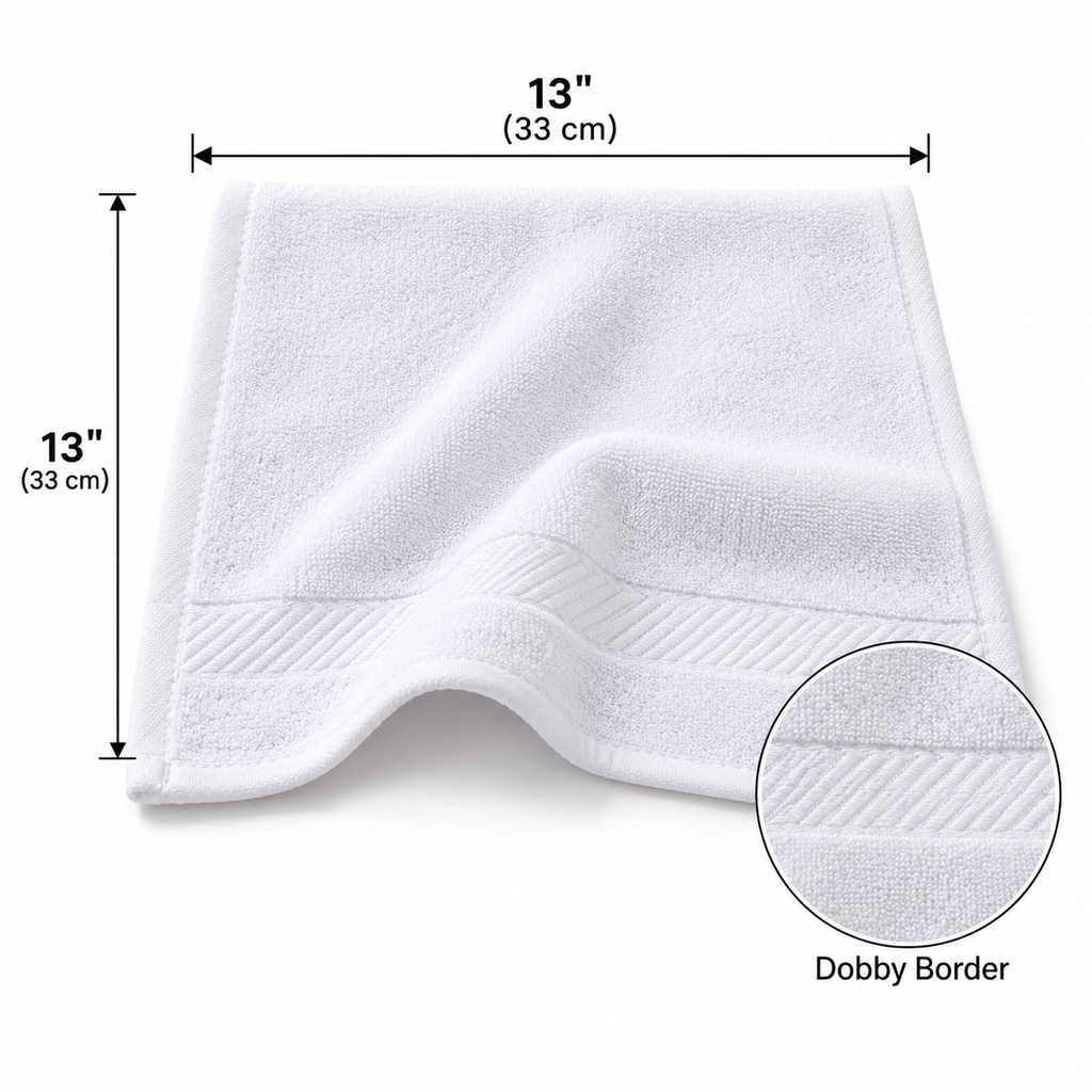 100% Cotton, 1.5 lbs/dzn, 13"x 13", Plain, White, Dobby Border, 300 pcs/case