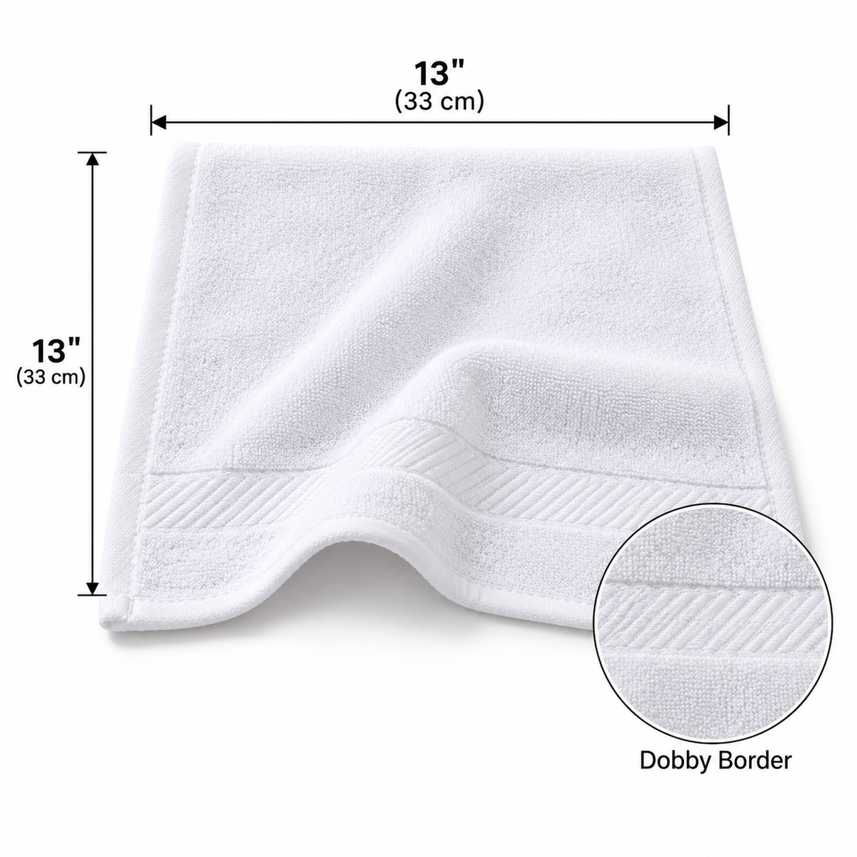 100% Cotton, 1.5 lbs/dzn, 13"x 13", Plain, White, Dobby Border, 300 pcs/case